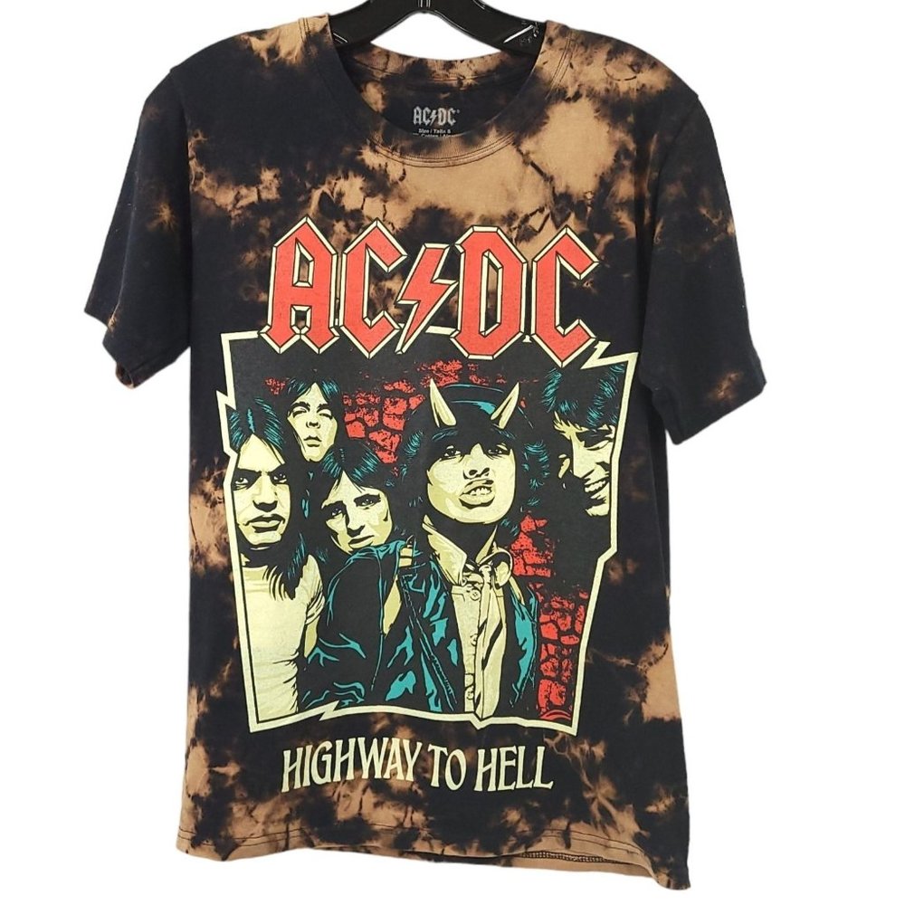ACDC AC/DC Highway To Hell T Shirt Adult S Tie Dye Metal Rock Black Bleach Wash